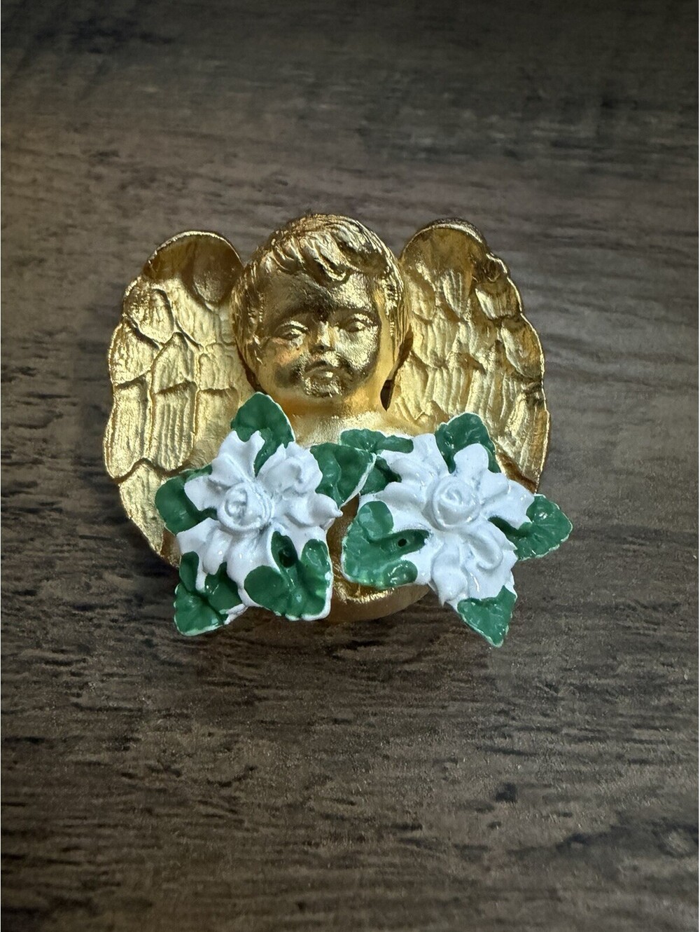 VINTAGE AMANDA BORGHESE GOLD TONE ANGEL CHERUB BROOCH / PIN W/ EARRINGS SIGNED